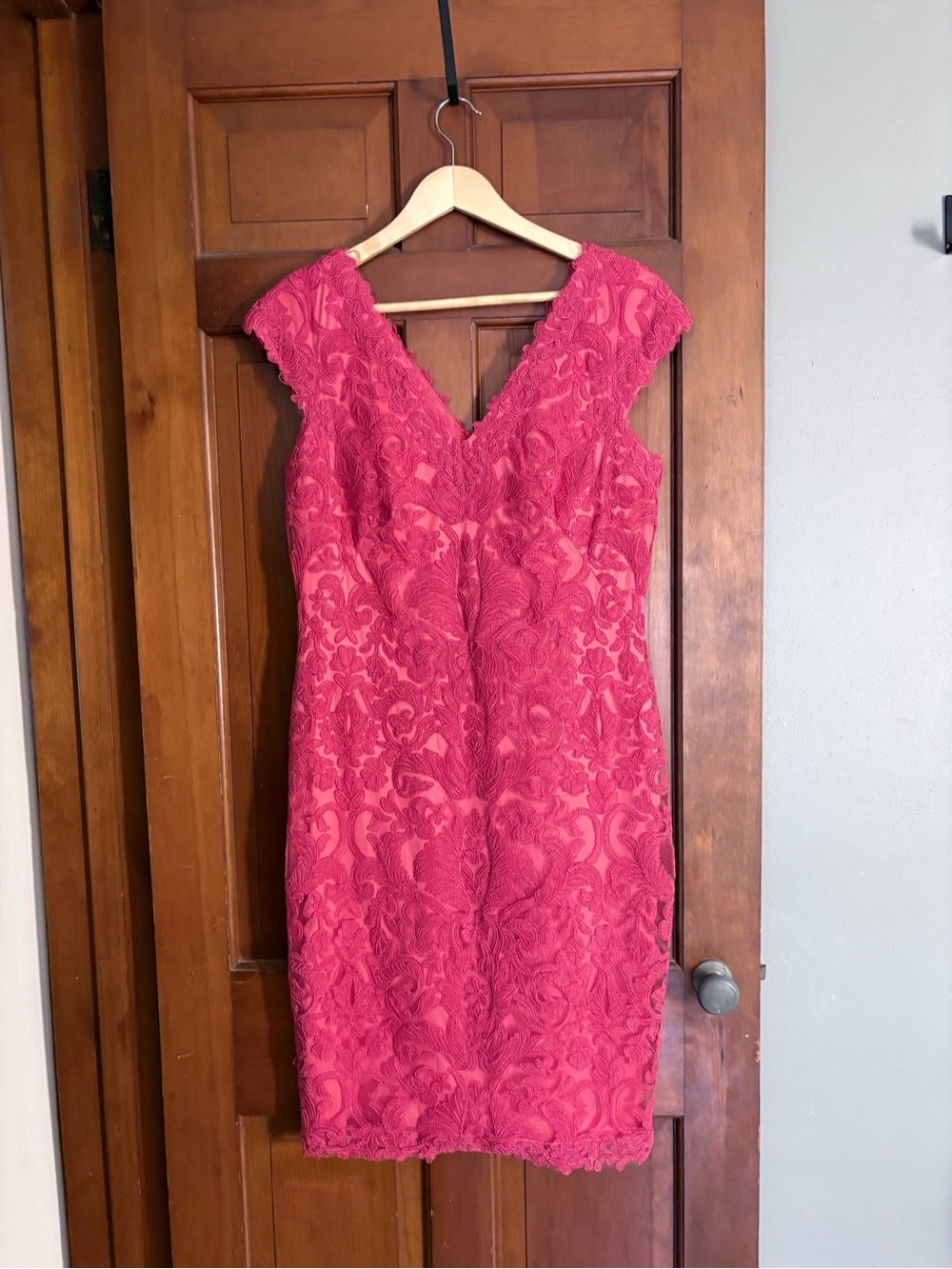 Tadashi Shoji Raspberry Lace V-Neck Midi Dress